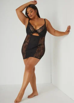Clearance Ashley Stewart Lace Paneled Eyelet Chemise Set Black