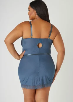 New Ashley Stewart Lace Trimmed Striped Babydoll Set Blue