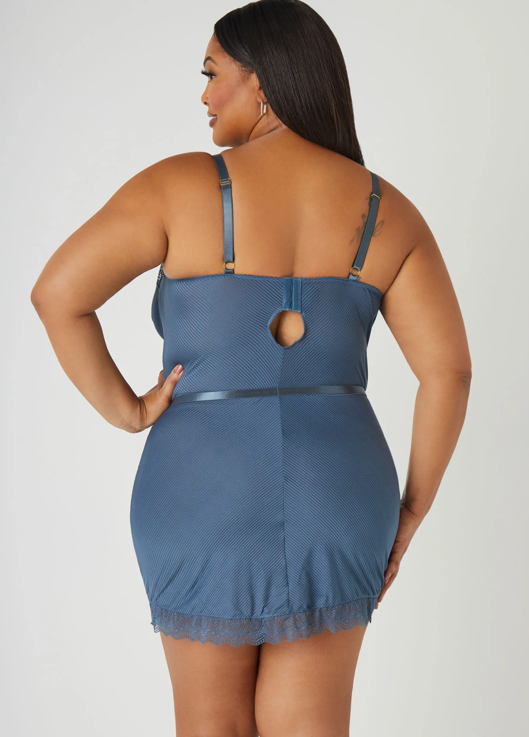 New Ashley Stewart Lace Trimmed Striped Babydoll Set Blue