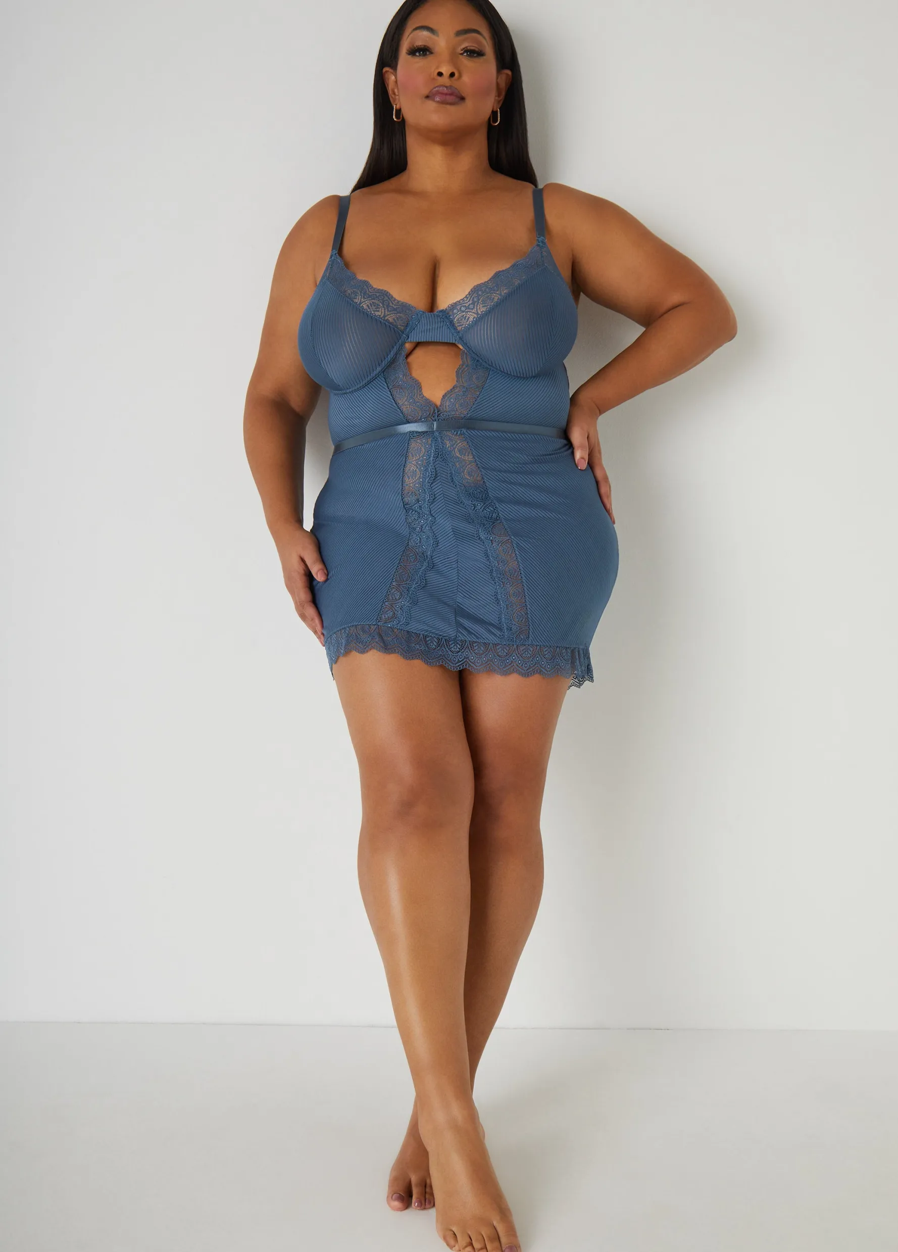 New Ashley Stewart Lace Trimmed Striped Babydoll Set Blue
