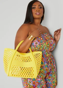 Sale Ashley Stewart Lattice Rubber Shopping Tote Cyber Yellow