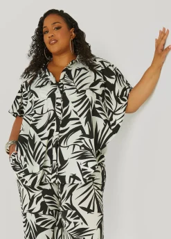 Hot Ashley Stewart Layered Leaf Print Shirt Black White