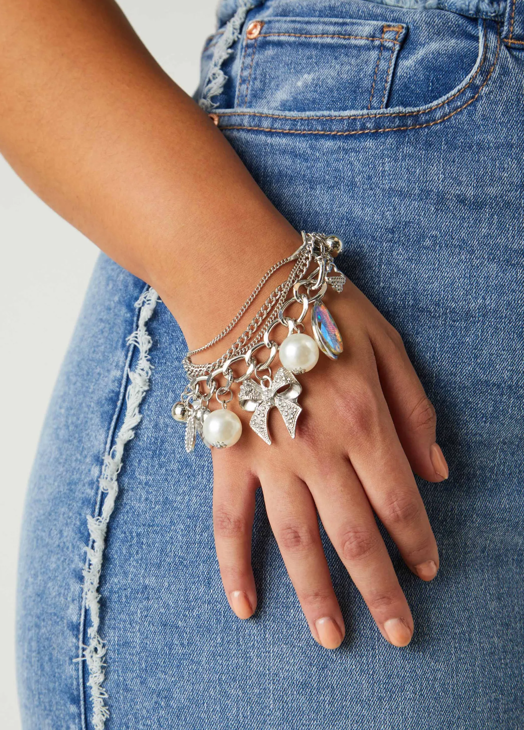 New Ashley Stewart Layered Tone Charm Bracelet Silver