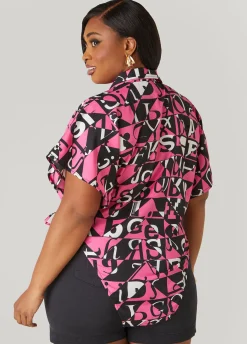 Hot Ashley Stewart Letter Print Open Sides Shirt Fuchsia