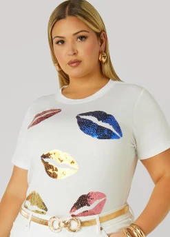 Discount Ashley Stewart Lips Sequin Applique Tee White