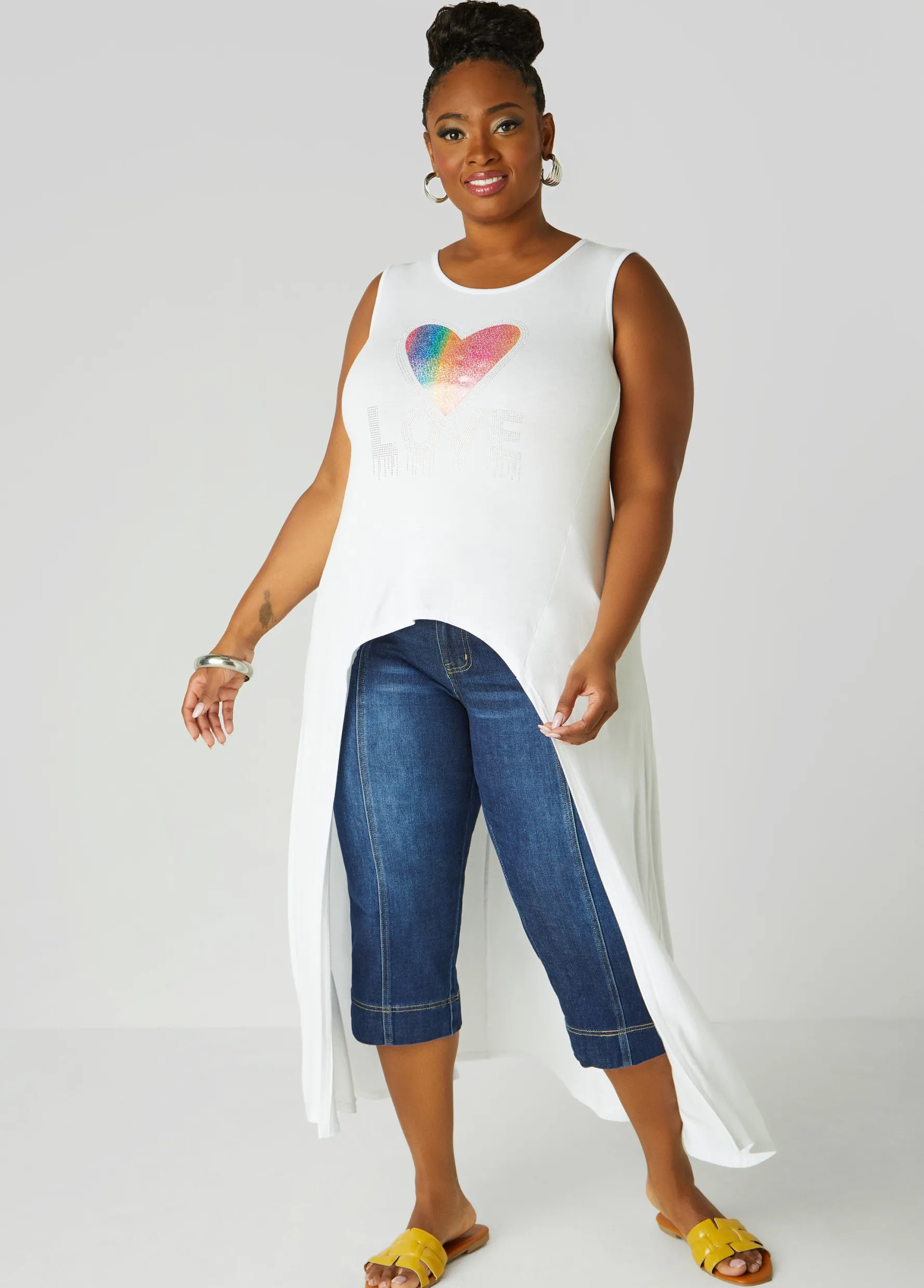Hot Ashley Stewart Love Embellished Hi Low Top White