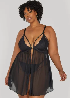 Sale Ashley Stewart Mesh And Lace Babydoll Set Black