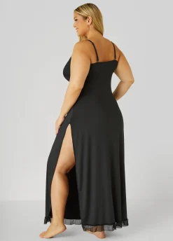 Hot Ashley Stewart Mesh And Lace Trimmed Nightgown Black