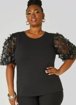 Hot Ashley Stewart Mesh Paneled Butterfly Tee Black