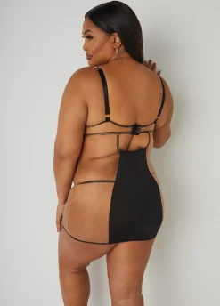 Outlet Ashley Stewart Mesh Paneled Cutout Chemise Set Black
