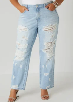 Sale Ashley Stewart Mesh Paneled Distressed Jeans Lt Sky Blue