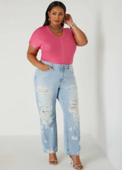 Sale Ashley Stewart Mesh Paneled Distressed Jeans Lt Sky Blue