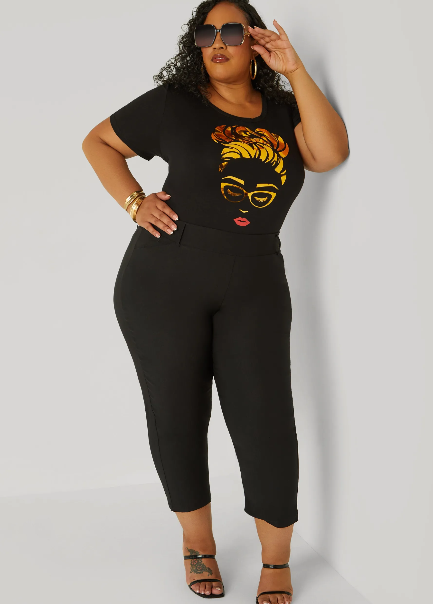 Outlet Ashley Stewart Metallic Graphic Tee Black