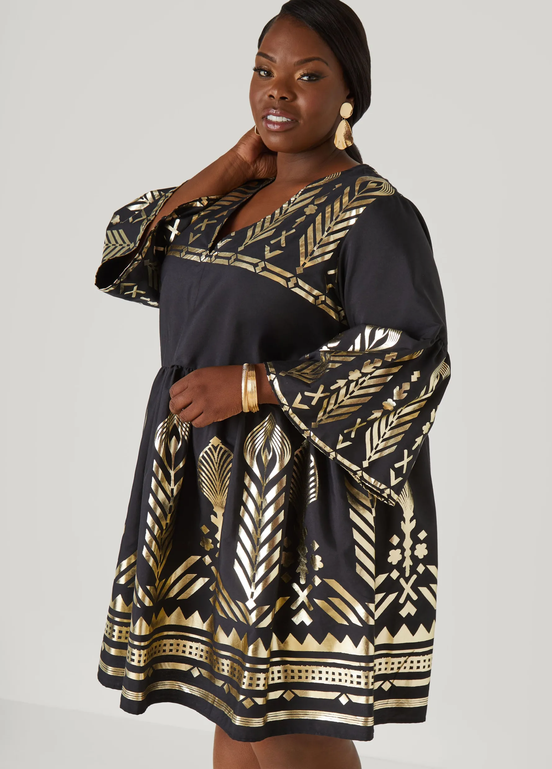 Clearance Ashley Stewart Metallic Print Babydoll Dress Black