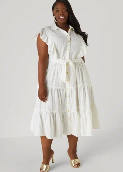 New Ashley Stewart Metallic Print Cotton Midaxi Dress White