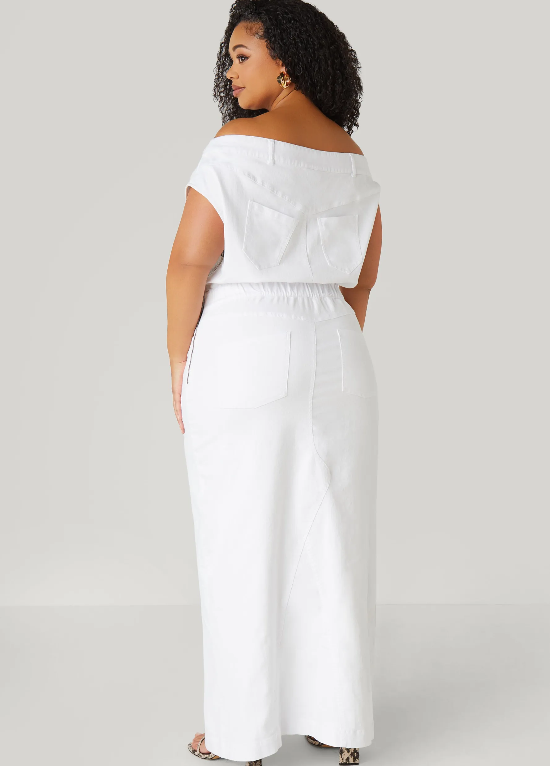 Fashion Ashley Stewart Off The Shoulder Denim Maxi Dress White