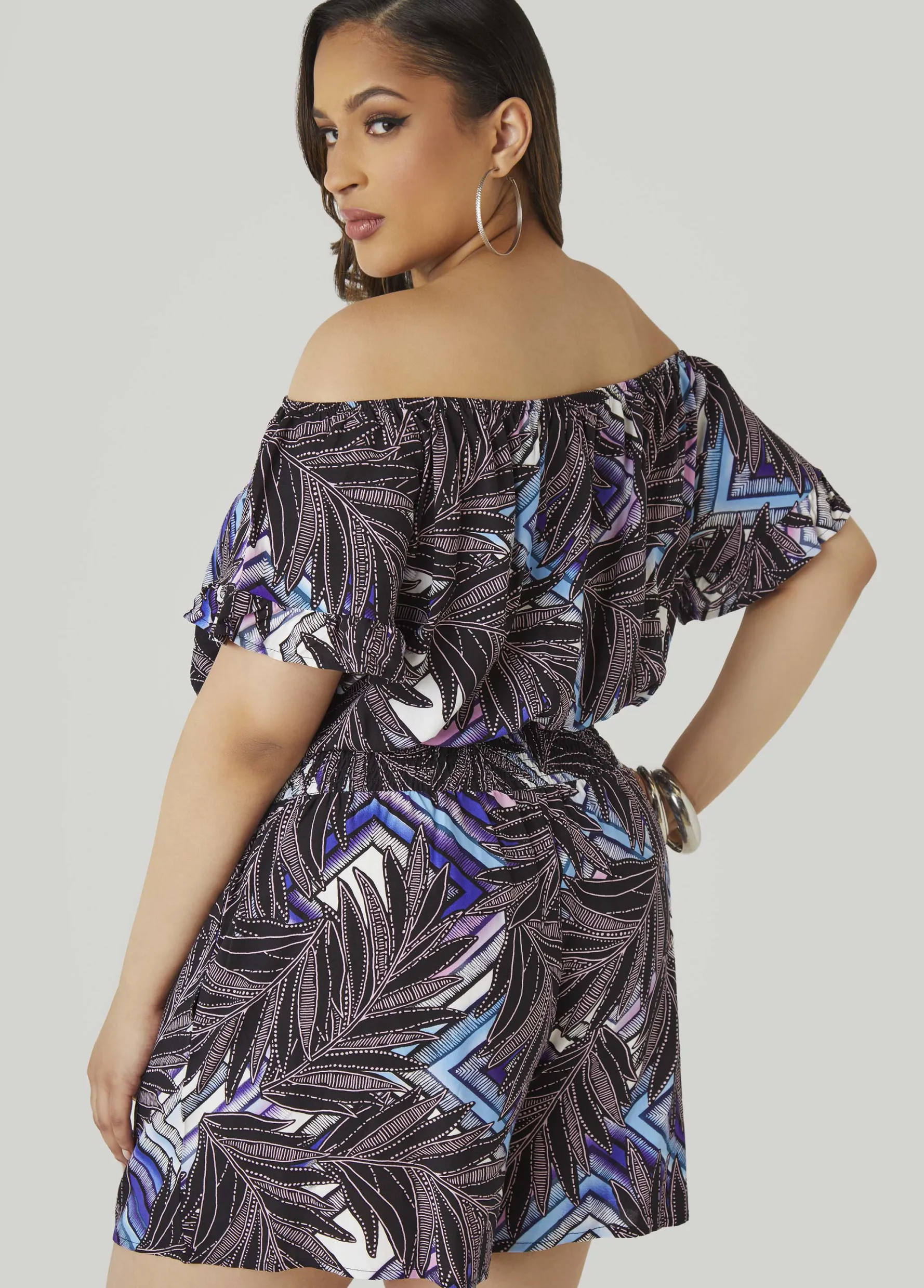 Discount Ashley Stewart Off The Shoulder Geo Print Romper Black Combo