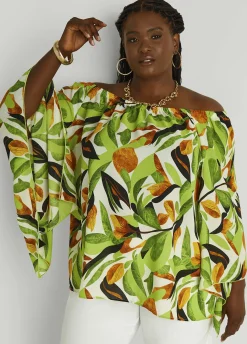 Discount Ashley Stewart Off The Shoulder Leaf Print Blouse Multi