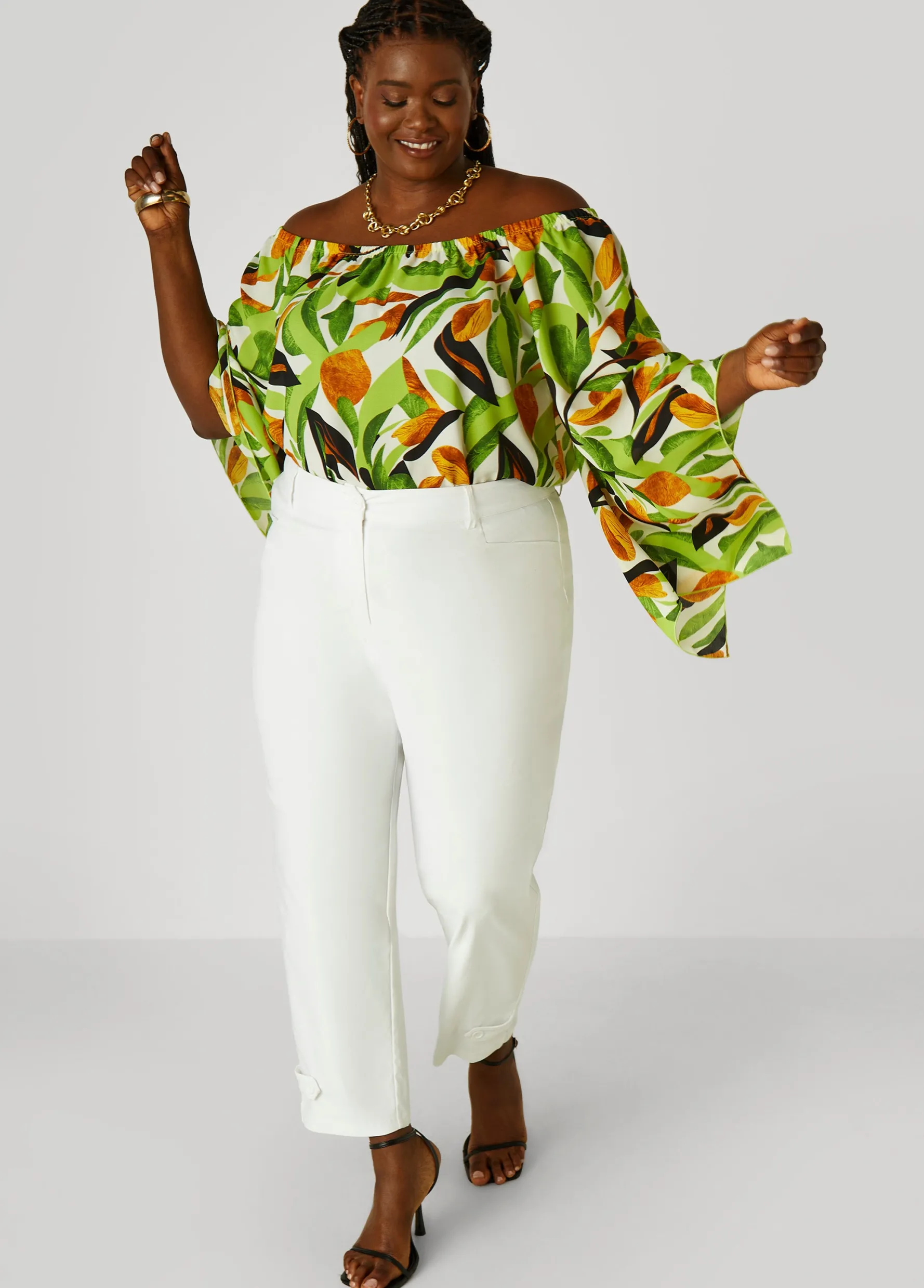 Discount Ashley Stewart Off The Shoulder Leaf Print Blouse Multi