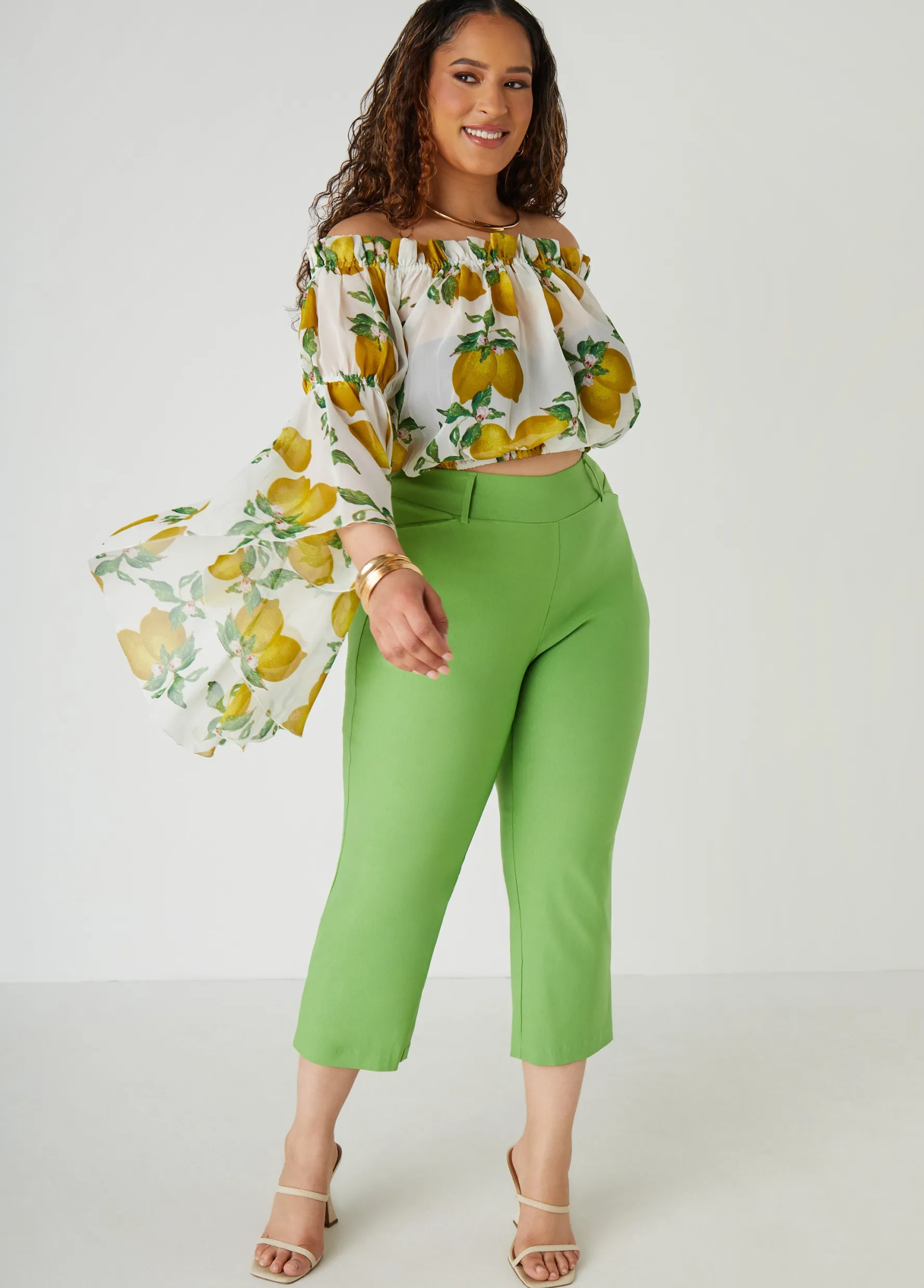 Discount Ashley Stewart Off The Shoulder Lemon Print Top White