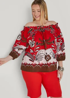 Online Ashley Stewart Off The Shoulder Scarf Print Top Aura Orange