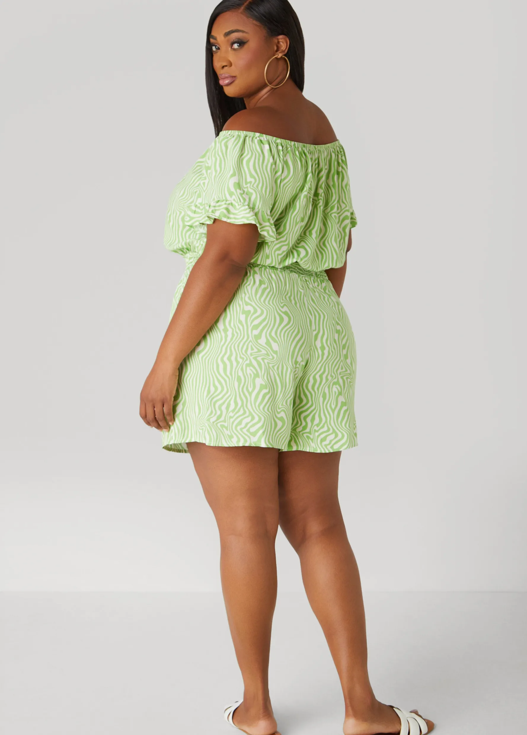 Clearance Ashley Stewart Off The Shoulder Swirl Romper MOSS