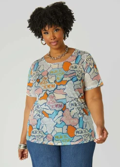 Clearance Ashley Stewart Peace Print Mesh Tee Multi