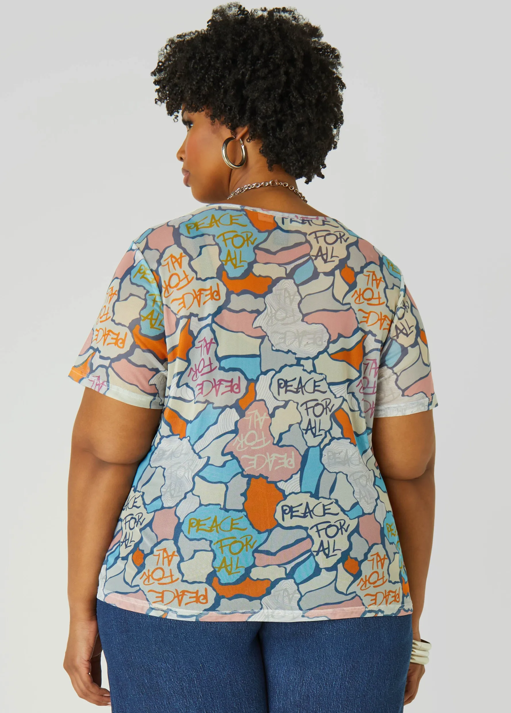 Clearance Ashley Stewart Peace Print Mesh Tee Multi