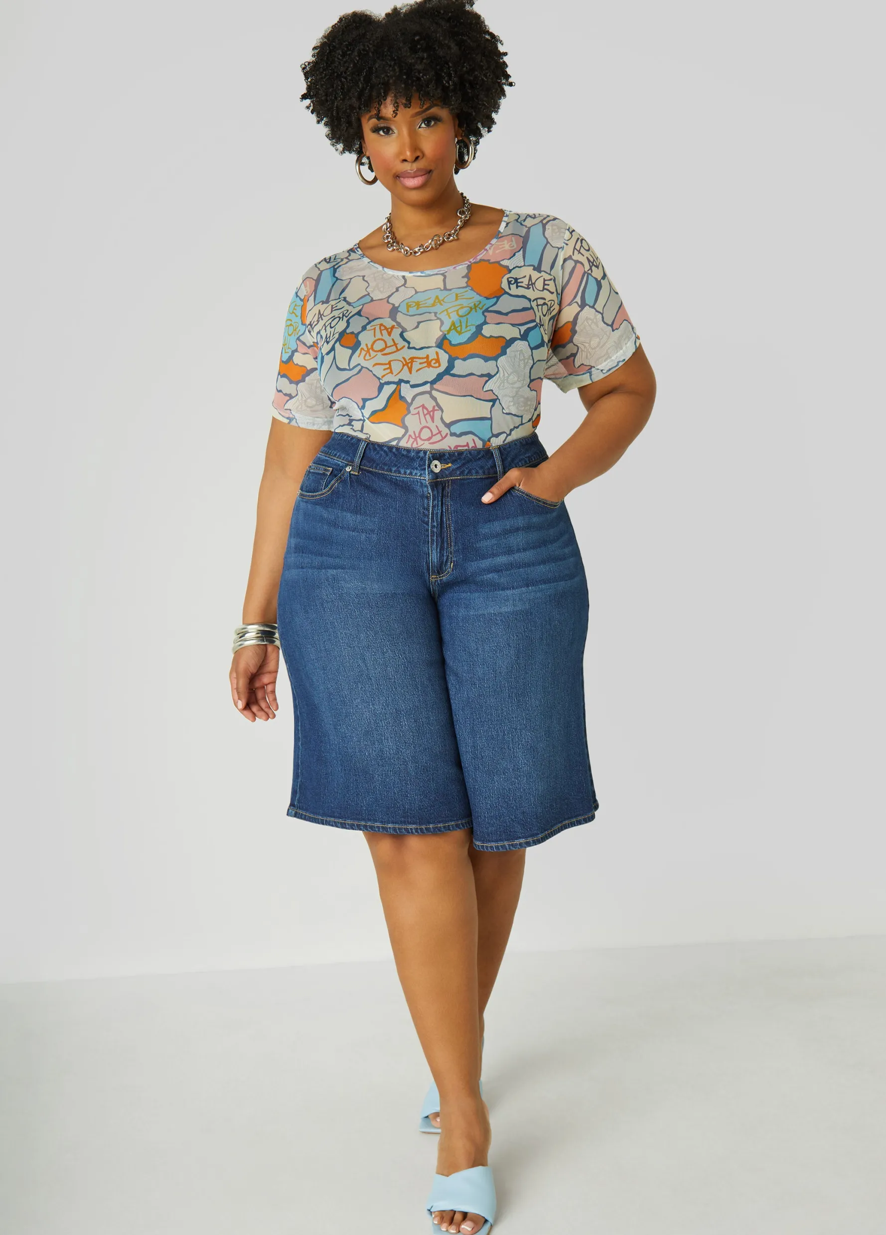 Clearance Ashley Stewart Peace Print Mesh Tee Multi