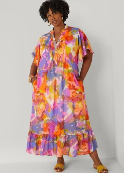 Best Ashley Stewart Pleated Watercolor Maxi Dress Multi