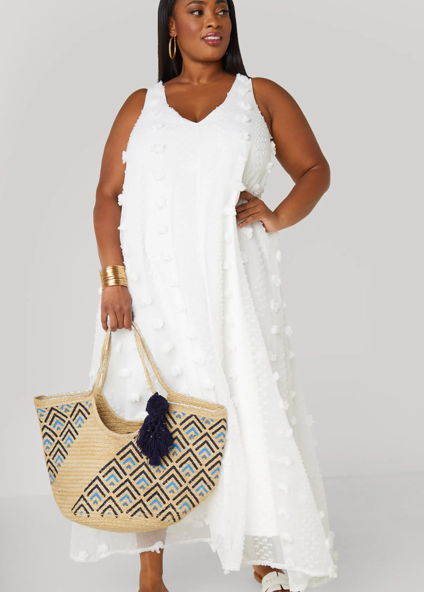 Fashion Ashley Stewart Pompom Gauze Maxi Dress