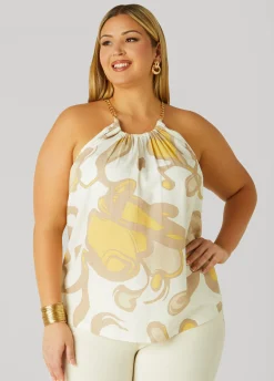 New Ashley Stewart Printed Chain Trimmed Top