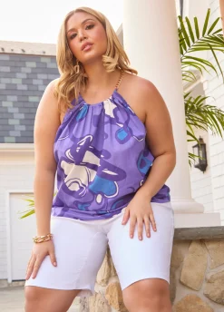 New Ashley Stewart Printed Chain Trimmed Top