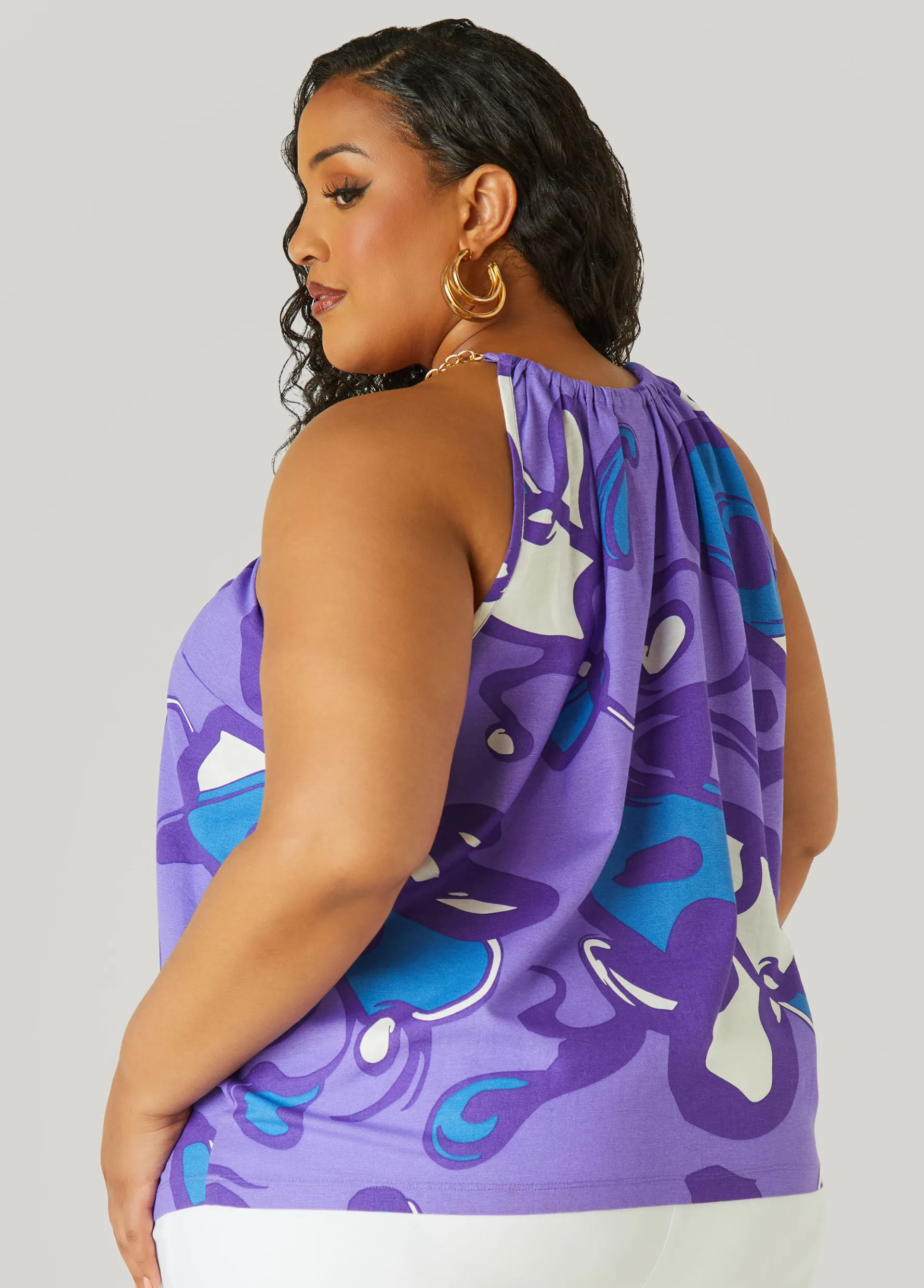 New Ashley Stewart Printed Chain Trimmed Top