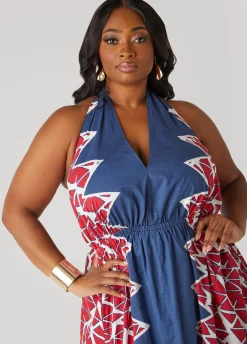 Clearance Ashley Stewart Printed Cotton Halter Dress Peacoat