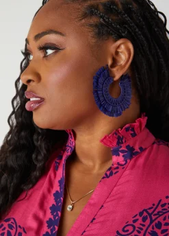 Fashion Ashley Stewart Raffia Hoop Earrings Navy Peony