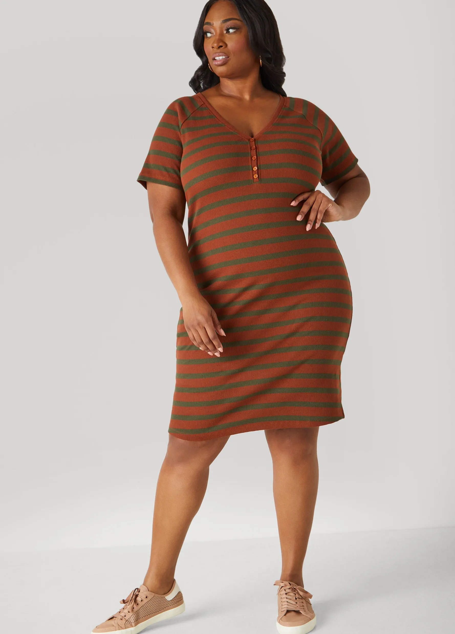 Clearance Ashley Stewart Ribbed Striped T Shirt Dress Caramel Cafe