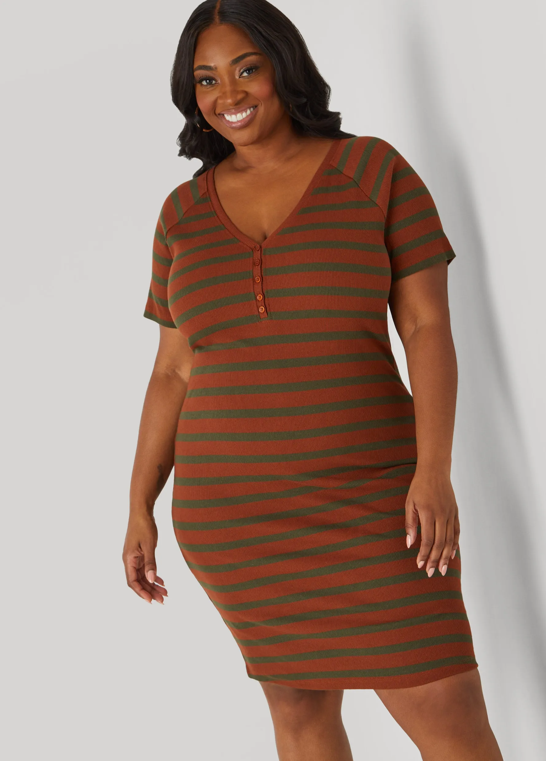 Clearance Ashley Stewart Ribbed Striped T Shirt Dress Caramel Cafe