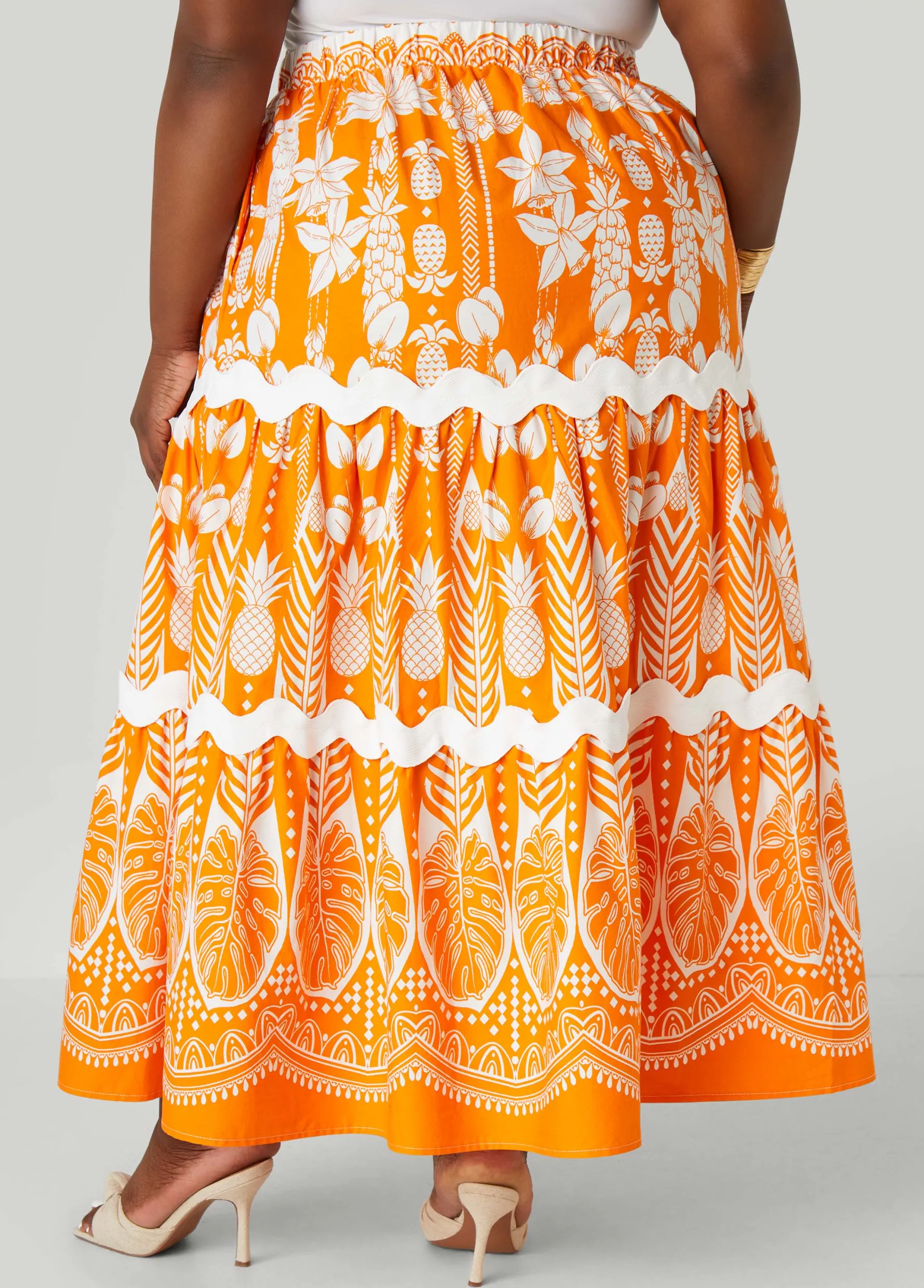 Discount Ashley Stewart Ricrac Trimmed Floral Maxi Skirt Orange