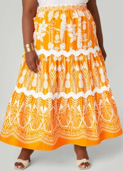 Discount Ashley Stewart Ricrac Trimmed Floral Maxi Skirt Orange