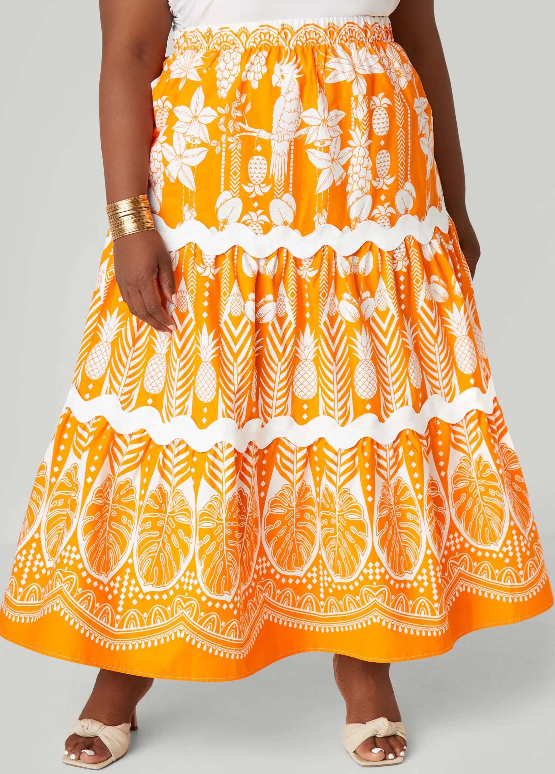 Discount Ashley Stewart Ricrac Trimmed Floral Maxi Skirt Orange