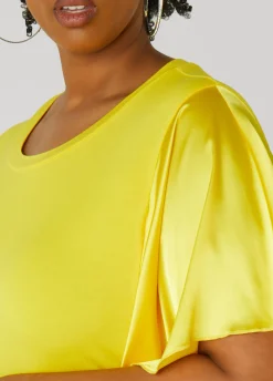 New Ashley Stewart Satin Paneled Stretch Knit Tee Cyber Yellow