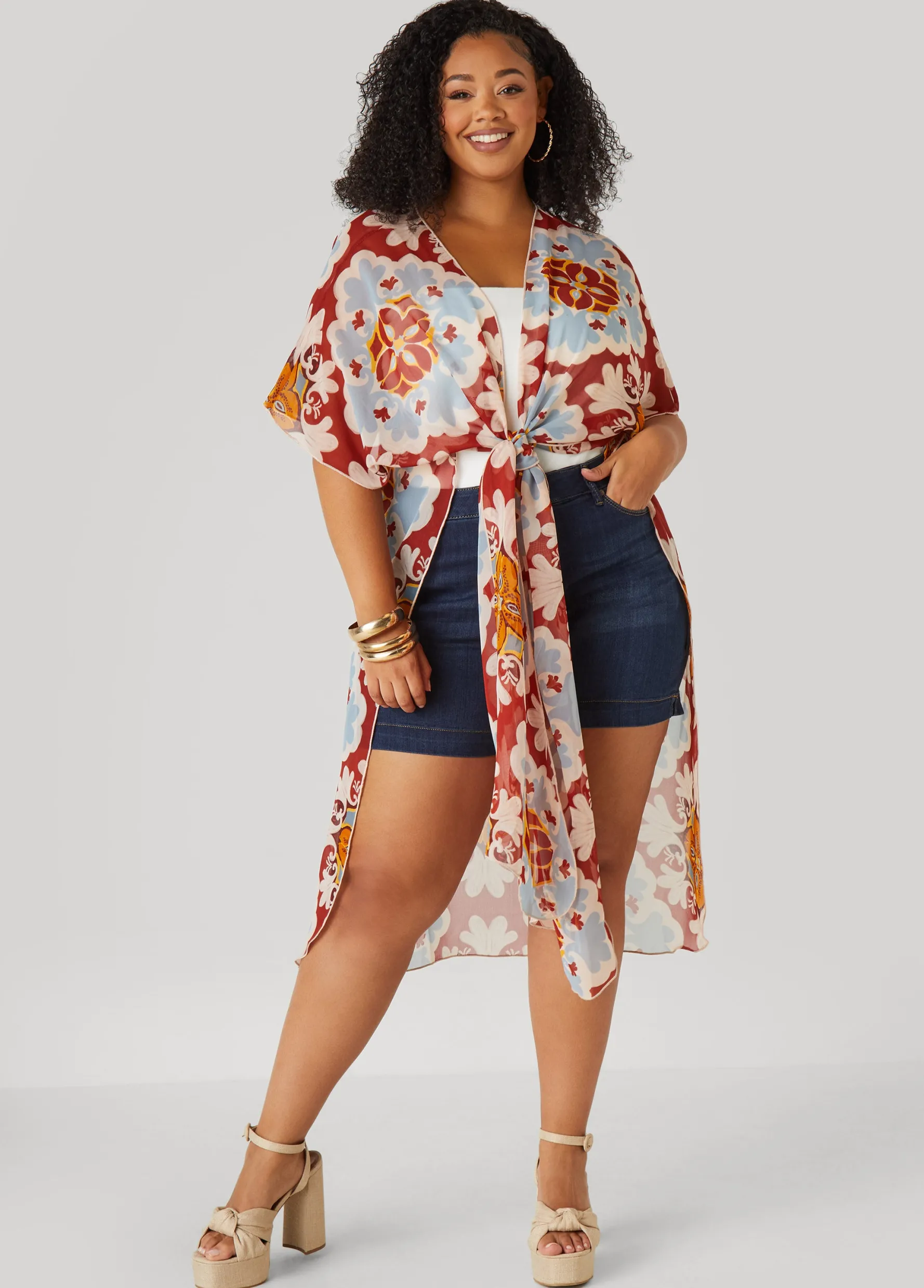 New Ashley Stewart Scarf Print Chiffon Duster Multi