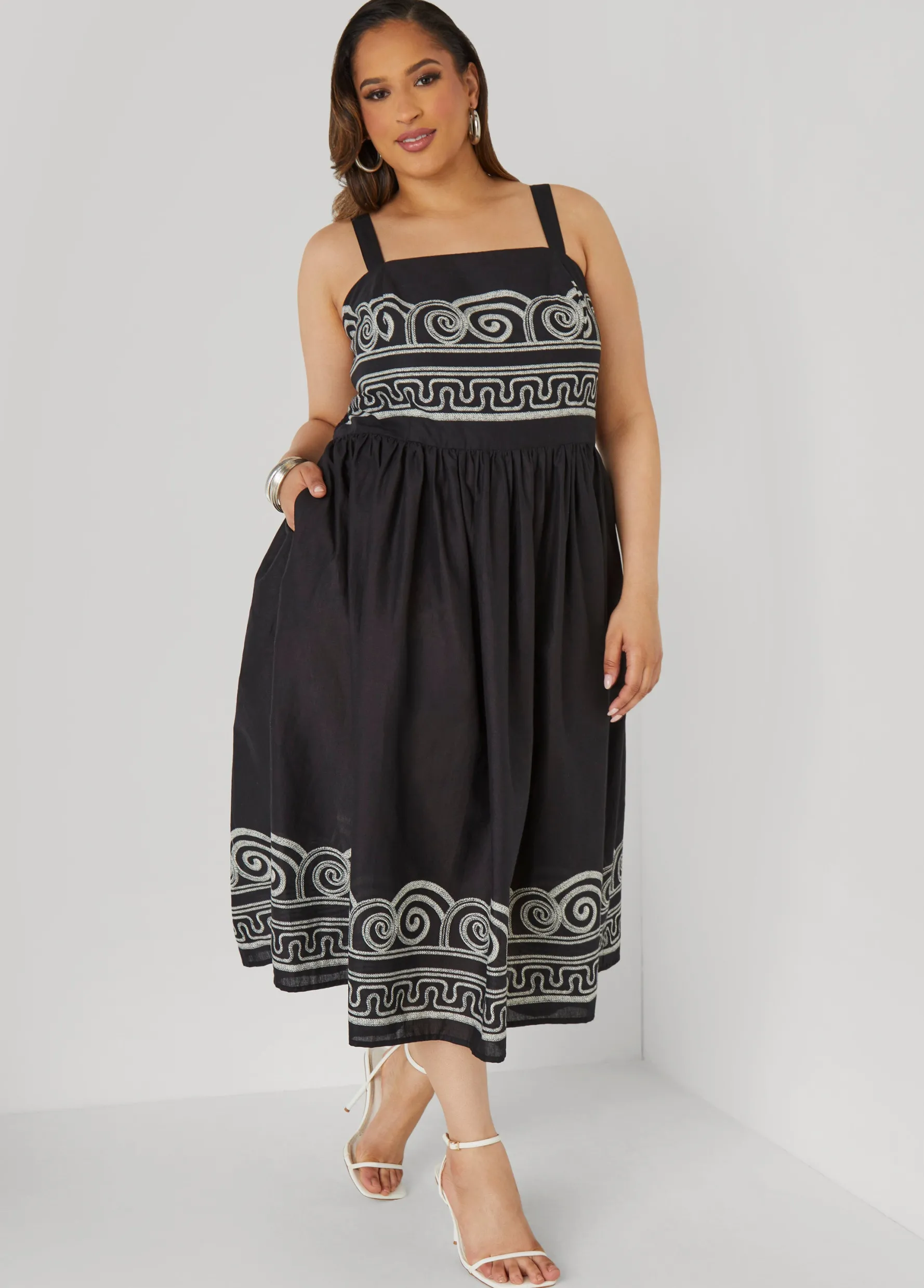 Best Ashley Stewart Scroll Print Cotton Dress Black White