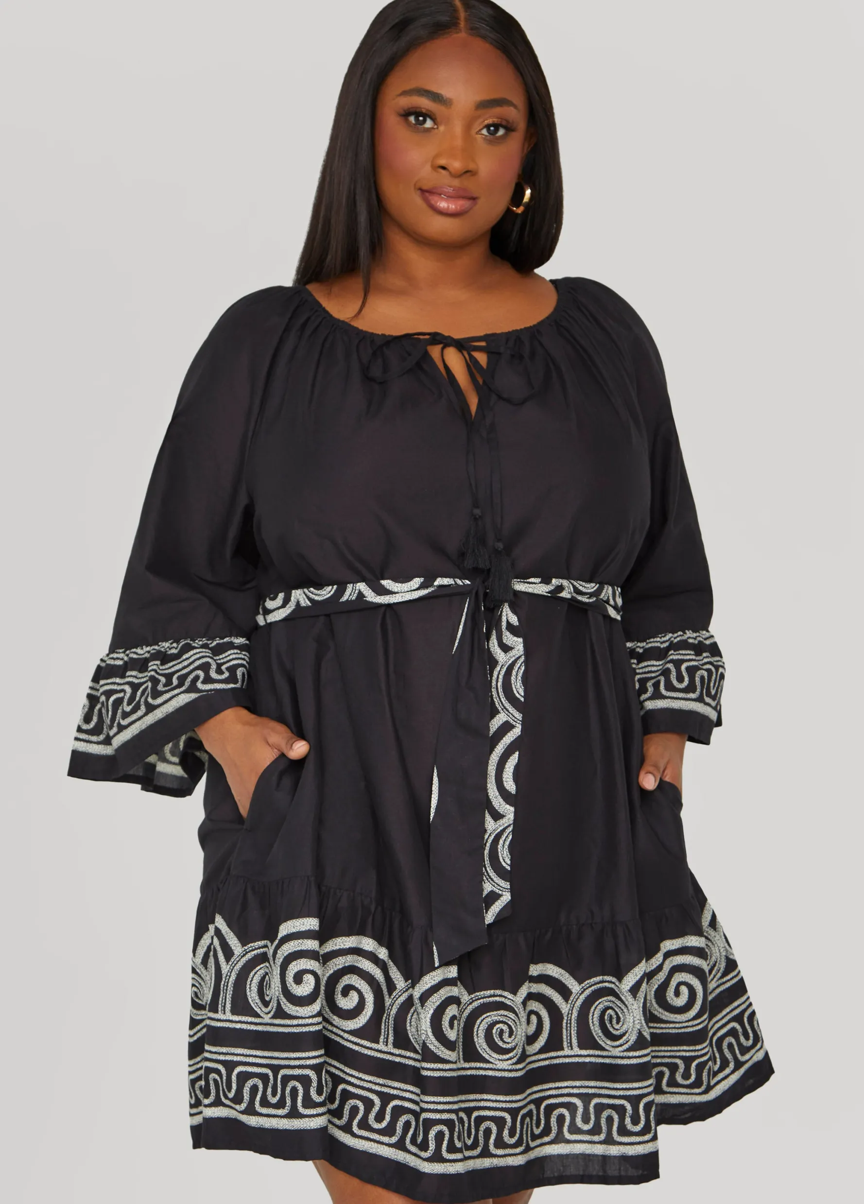 Outlet Ashley Stewart Scroll Print Cotton Swing Dress Black White