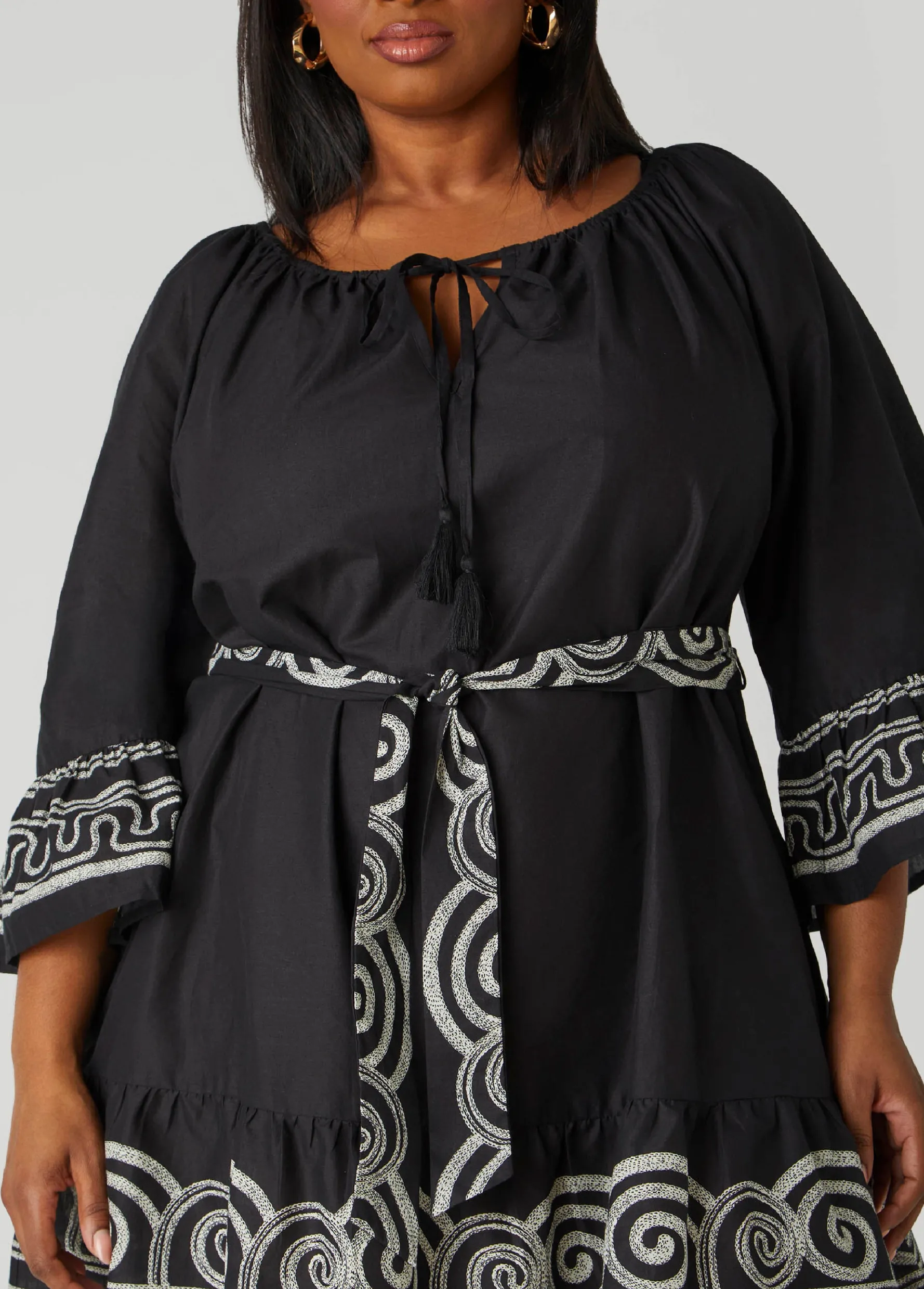 Outlet Ashley Stewart Scroll Print Cotton Swing Dress Black White
