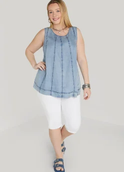 Fashion Ashley Stewart Seamed Chambray Top Denim