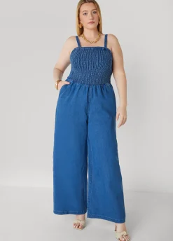 Sale Ashley Stewart Shirred Denim Wide Leg Jumpsuit Medium Blue