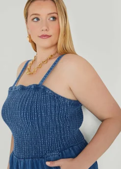 Sale Ashley Stewart Shirred Denim Wide Leg Jumpsuit Medium Blue