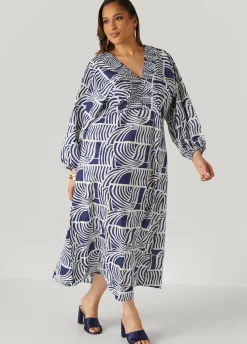 Hot Ashley Stewart Shirred Printed Cotton Dress Navy Peony